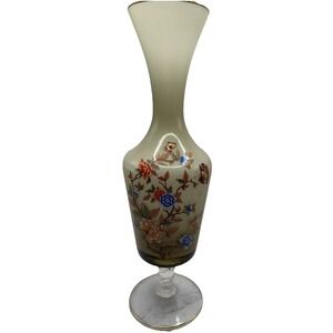 Vtg. Smoky/Green Satin Ware Floral & Butterfly Vase Pedestal Twisted Base 10 in.